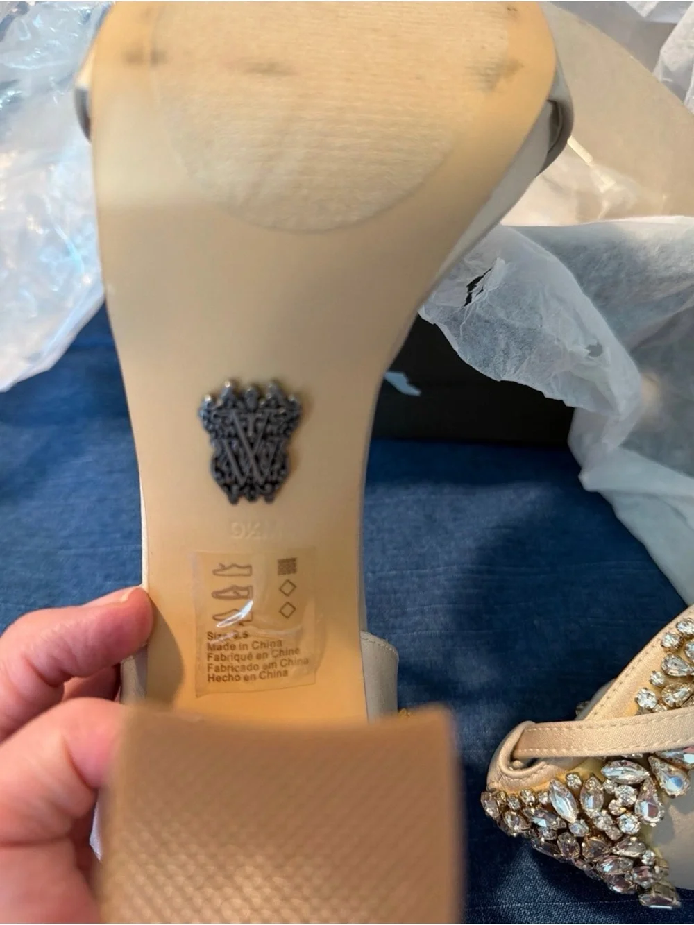 Vera Wang Champagne Satin Jewel-Ankle Platform Heels